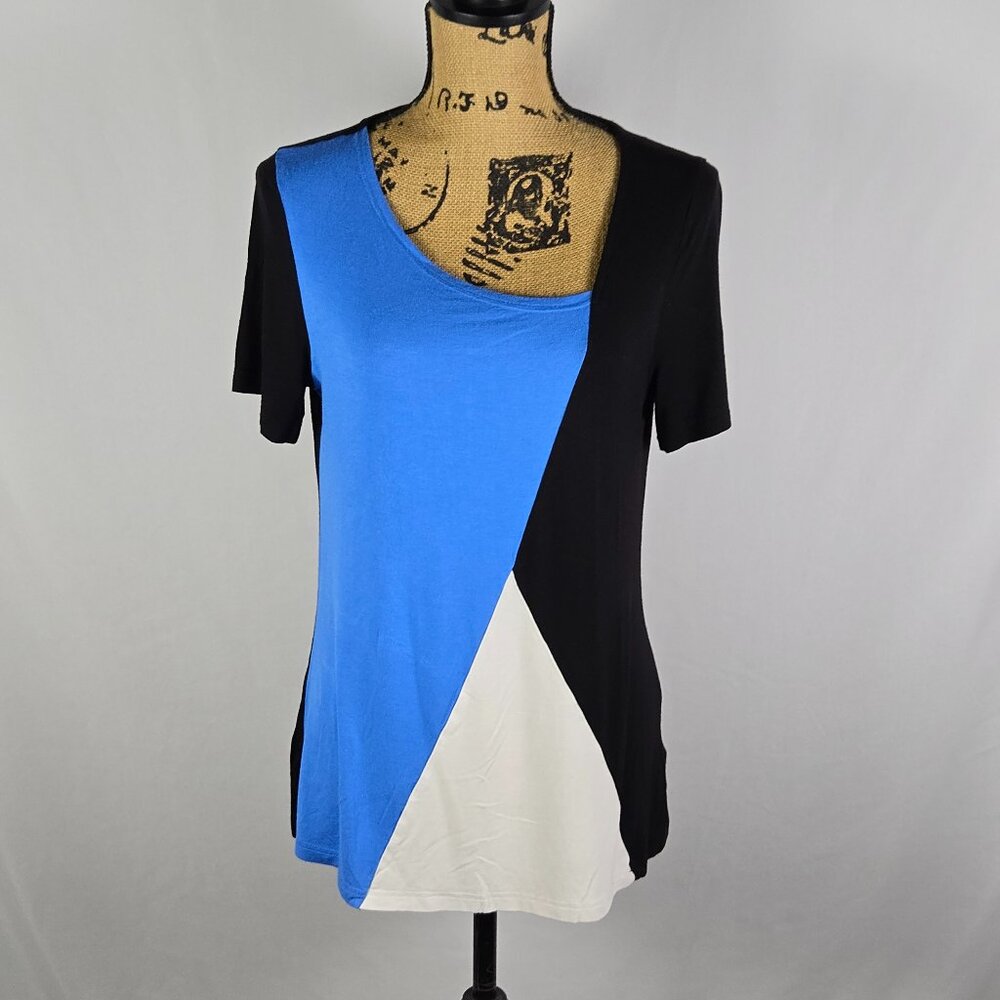 AYIFU Retro Pop‎ Art Colorblock Tunic Blue Black White Asymmetrical Top M